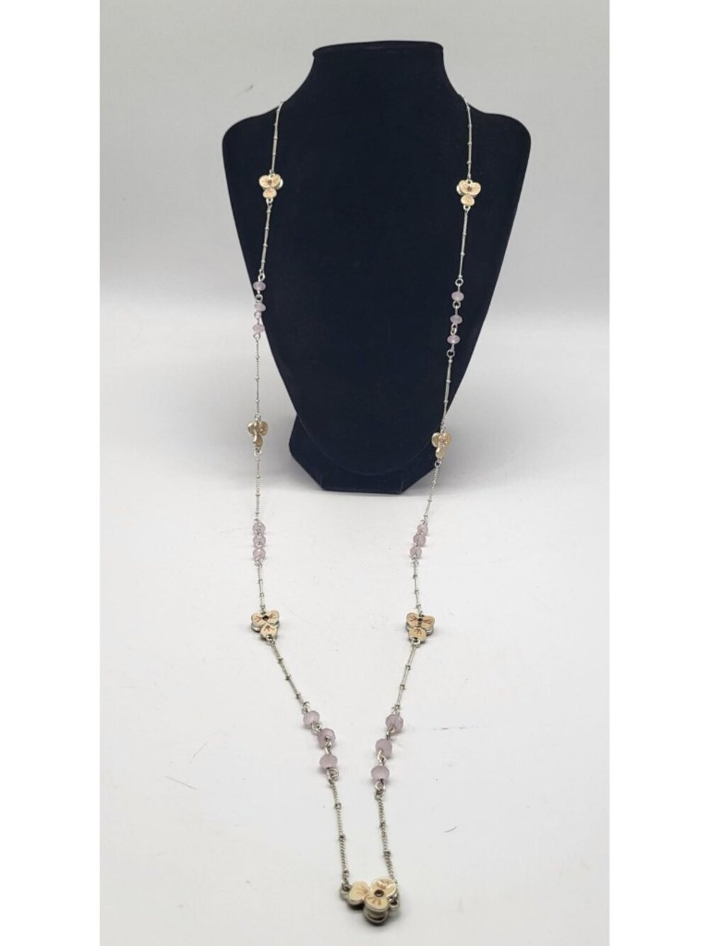 Pretty Pink Bead Cream Enamel Flower Long Necklace Silver Tone